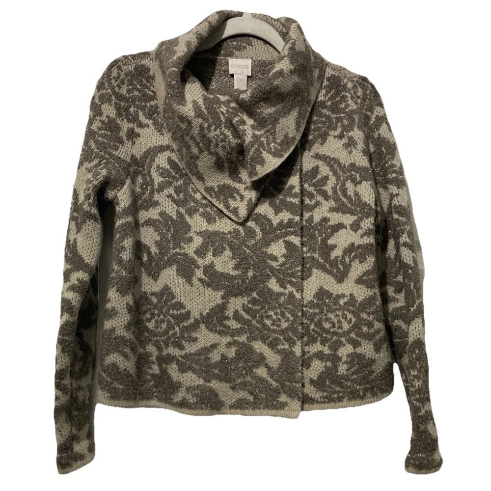 Chico's Ryder Paisley Cardigan Size 00 XS/2 Brown Metallic Fold over Collar